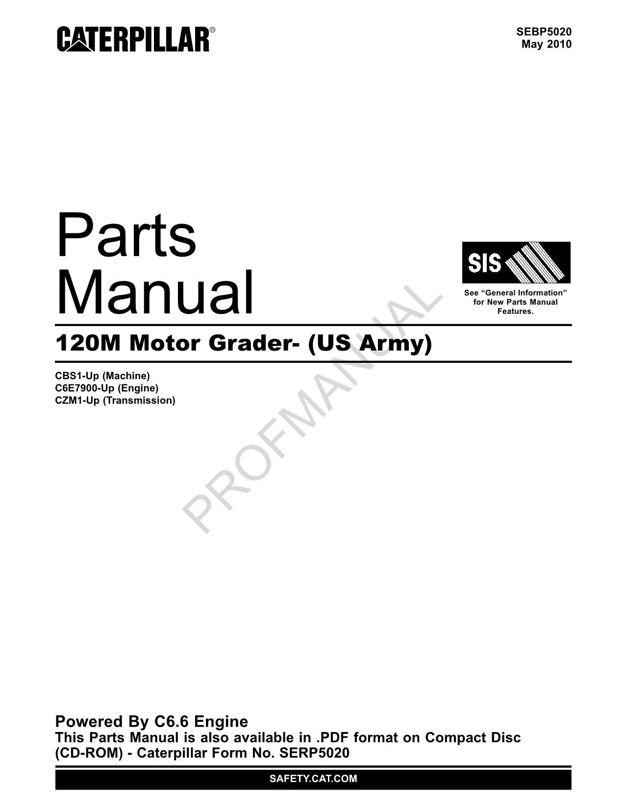 Caterpillar Cat 120M Motor Grader US Army Parts Catalog Manual SEBP5020