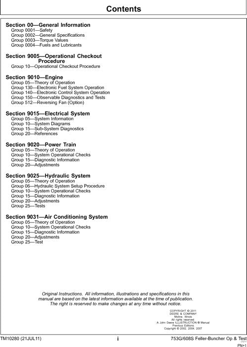 JOHN DEERE 608S 753G TRACKED FELLER BUNCHER OPERATION TEST TECHNICAL MANUAL