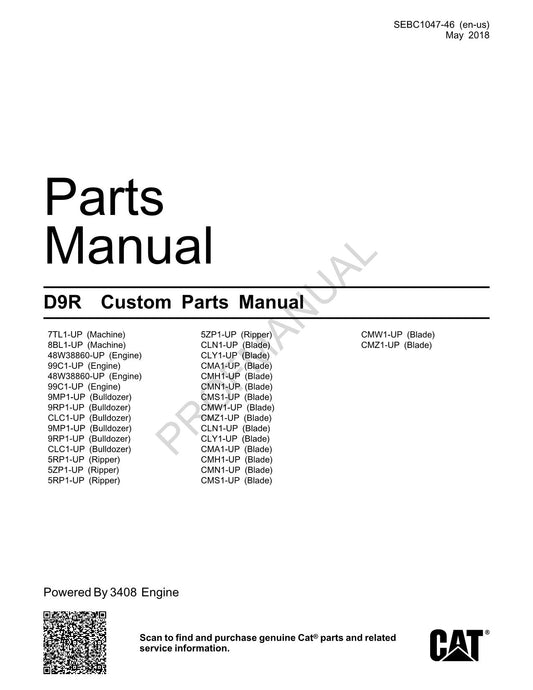 Caterpillar Cat D9R Track Type Tractor Custom Parts Catalog Manual SEBC1047