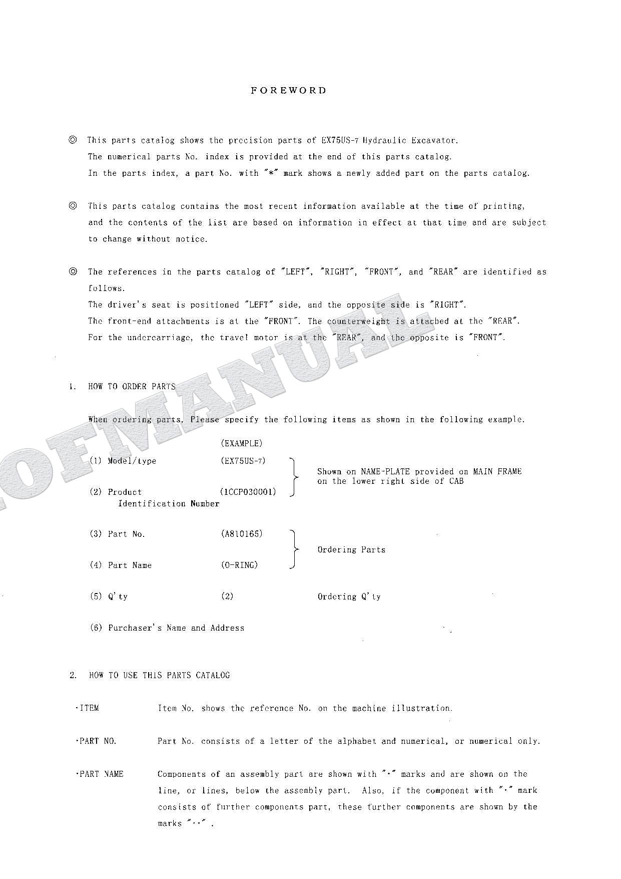 HITACHI EX75US-7 Equipment Component Excavator Parts Catalog Manual