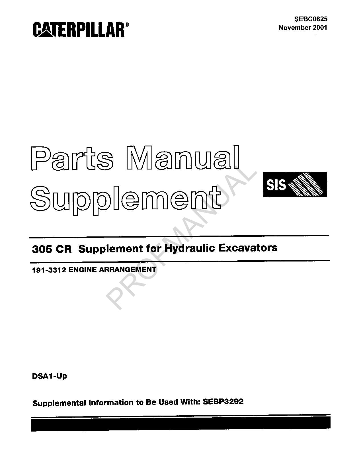 Caterpillar Cat 305 CR Supplement Hydraulic Excavator Parts Catalog Manual