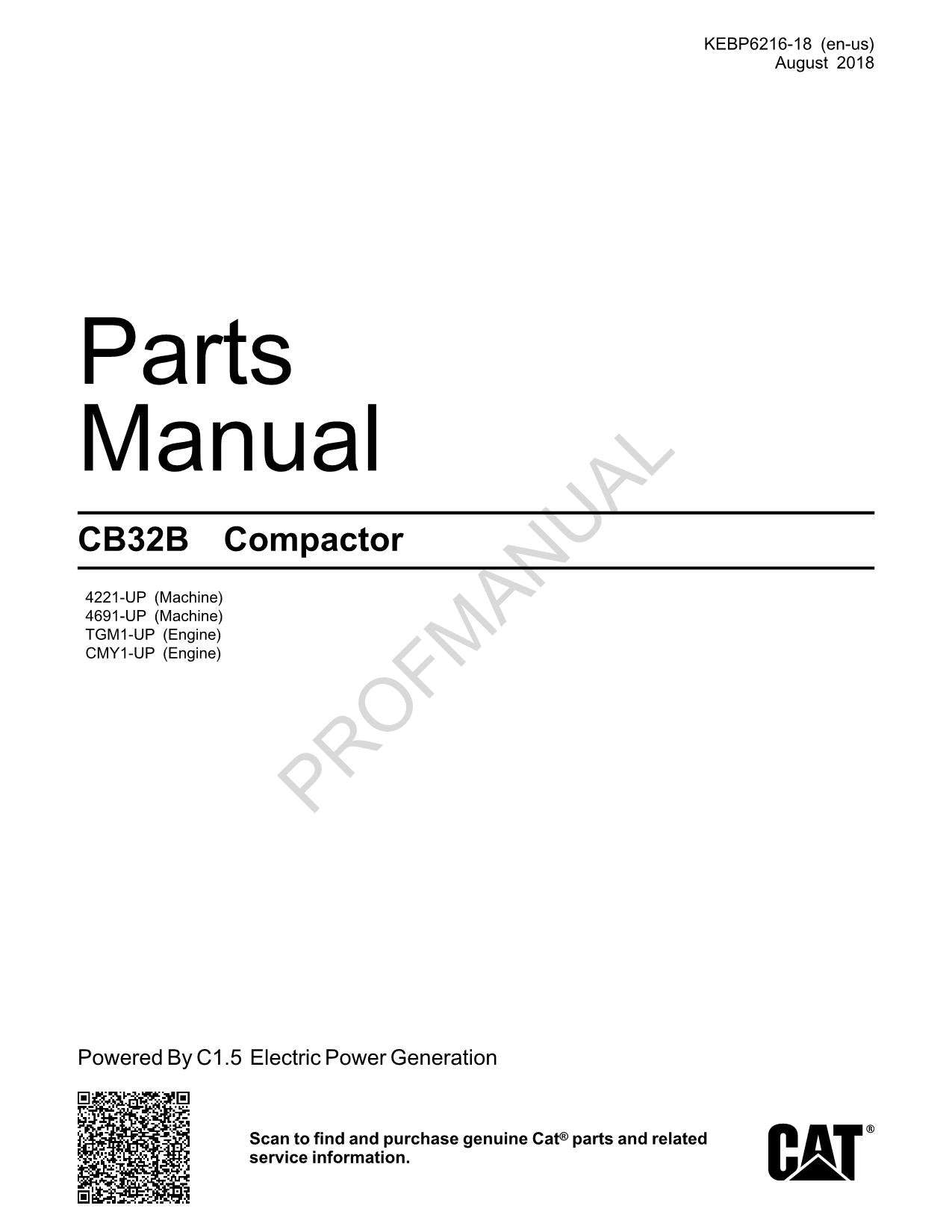 Caterpillar Cat CB32B Compactor Parts Catalog Manual KEBP6216