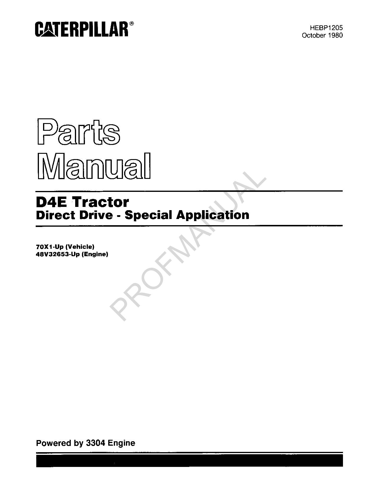 Caterpillar D4E Tractor Direct Drive Special Application Parts Catalog Manual