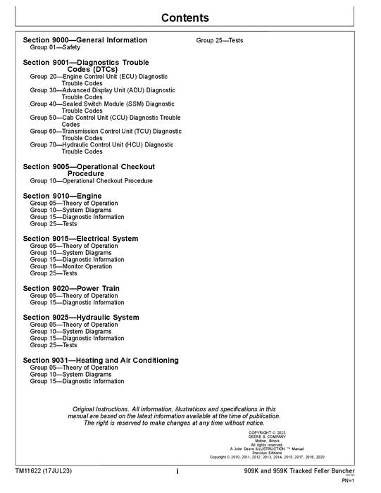 JOHN DEERE 909K 959K TRACKED FELLER BUNCHER OPERATION TEST TECHNICAL MANUAL