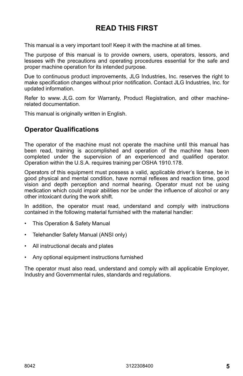 SKYTRAK 8042 Telehandler Maintenance Operation Operators Manual 3122308400