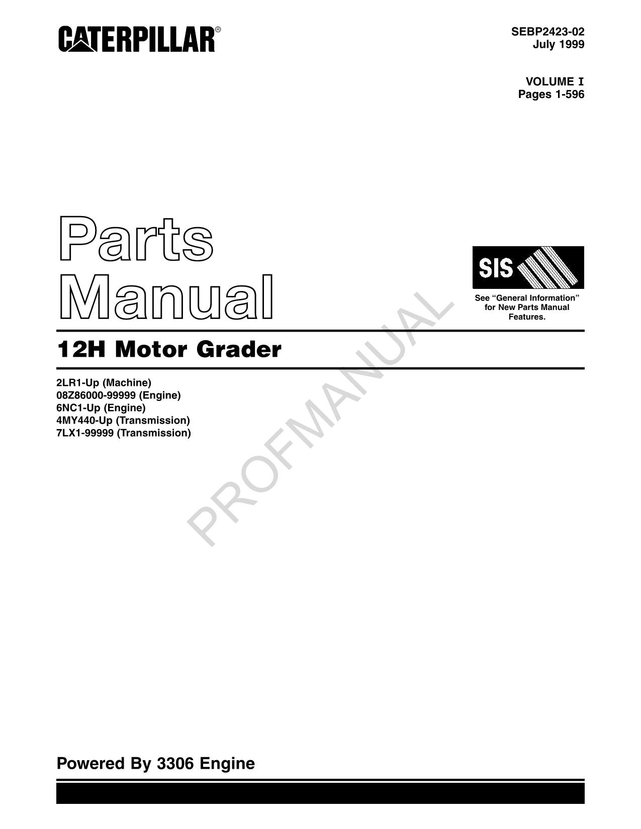 Caterpillar Cat 12H Motor Grader Parts Catalog Manual SEBP2423