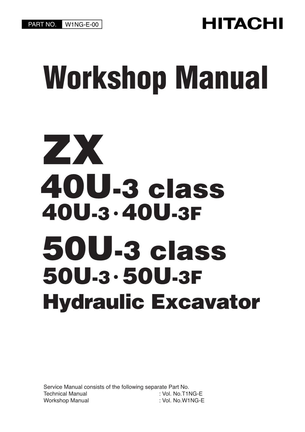 Hitachi ZX40U-3 ZX40U-3F ZX50U-3 ZX50U-3F Excavator Workshop Service manual