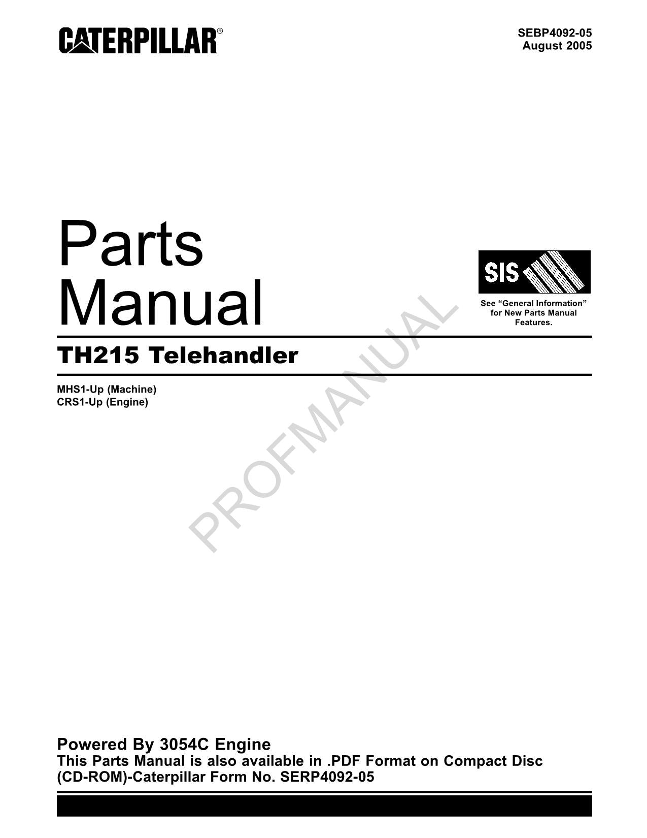 Caterpillar Cat TH215 Telehandler Parts Catalog Manual