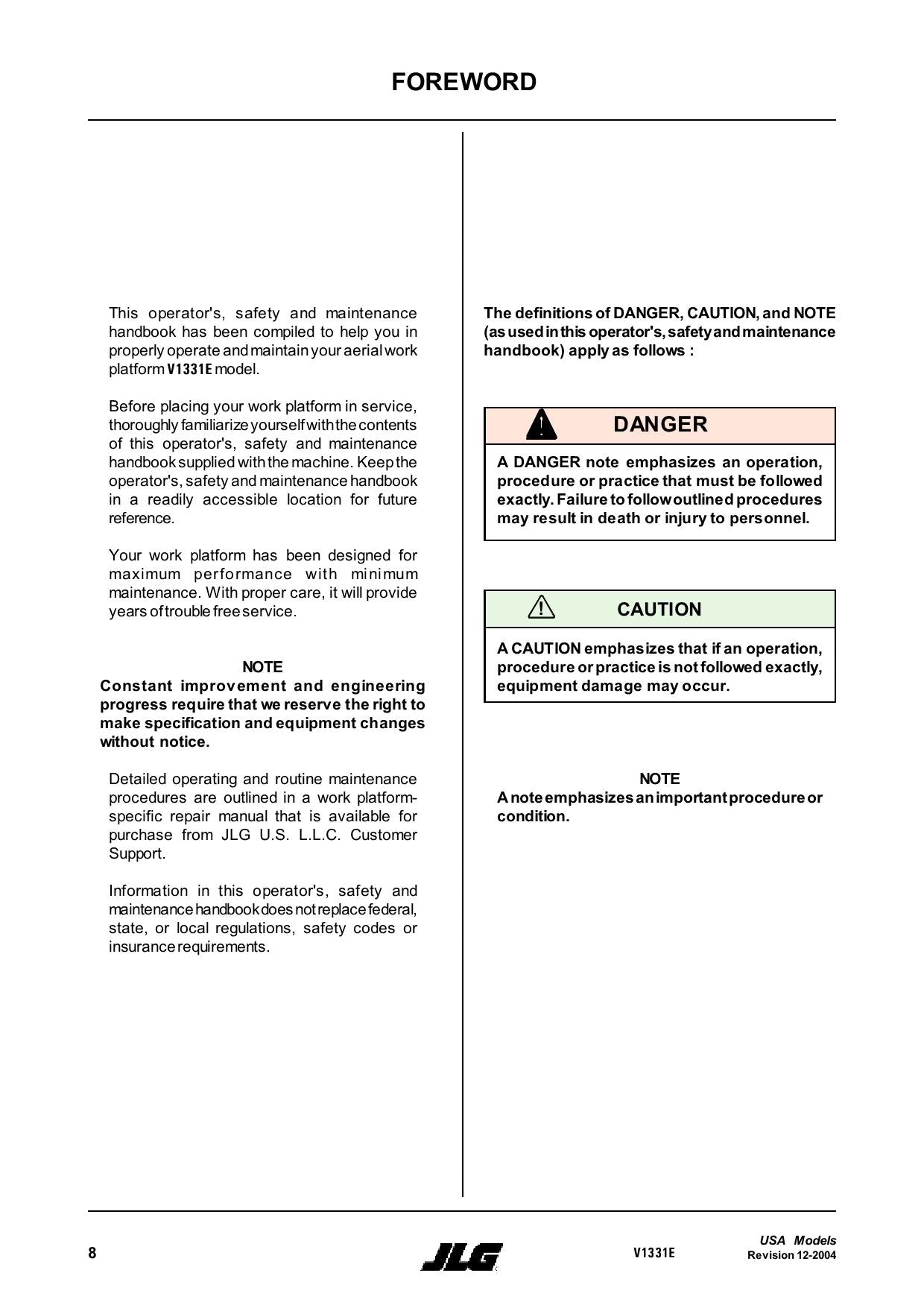 TOUCAN V1331E Vertical Lift Maintenance Operation Operators Manual