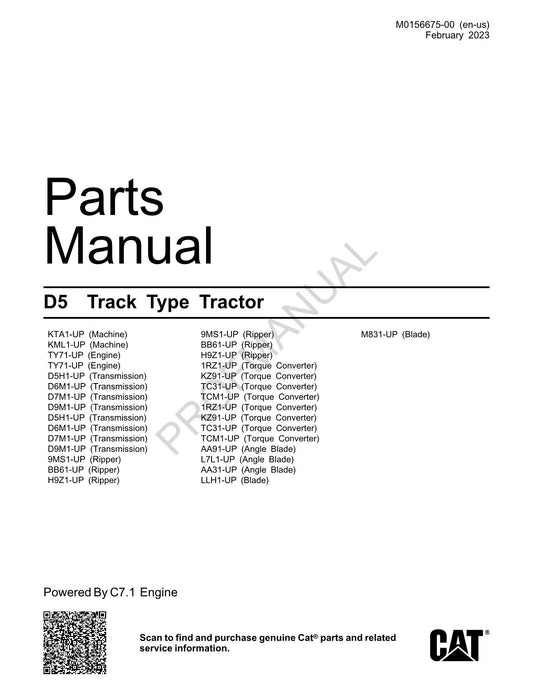 Caterpillar Cat Track Type Tractor Parts Catalog Manual M0156675