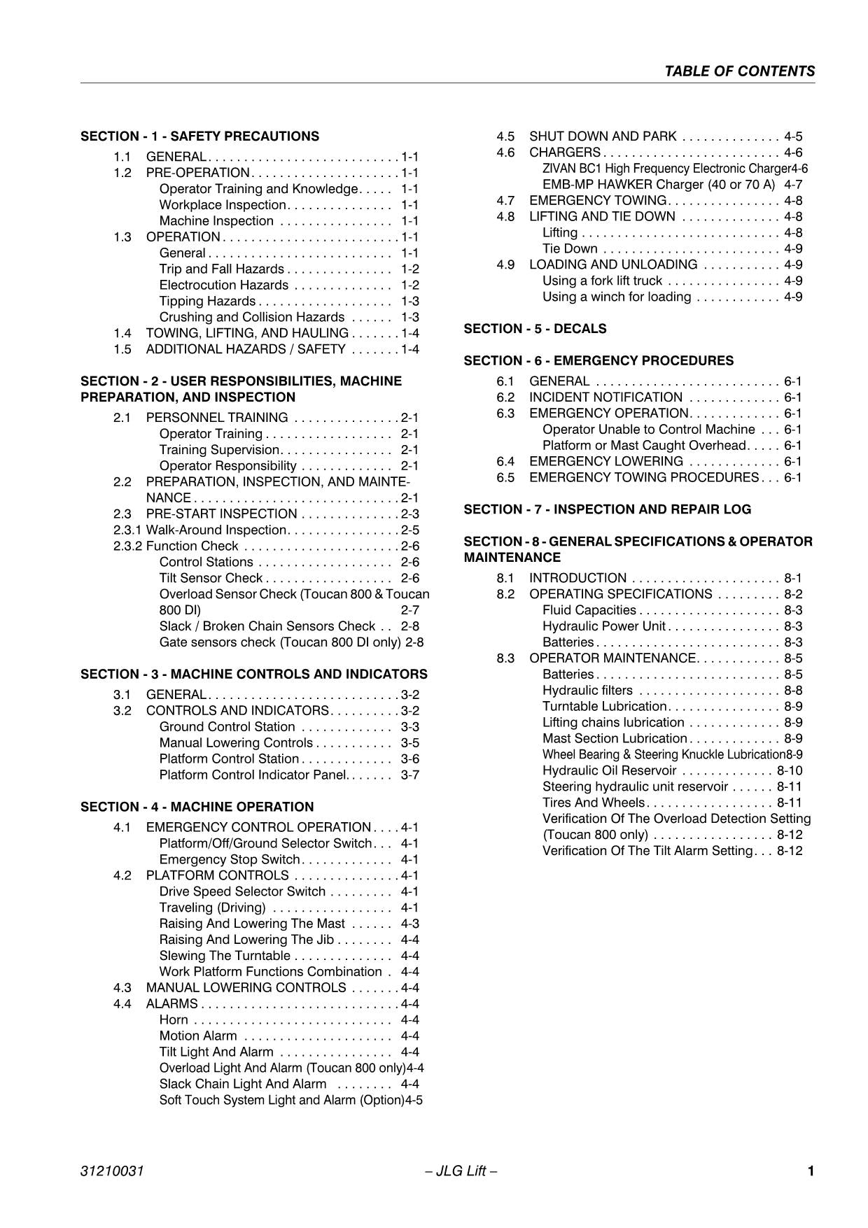 TOUCAN 800 870 Vertical Lift Maintenance Operation Operators Manual