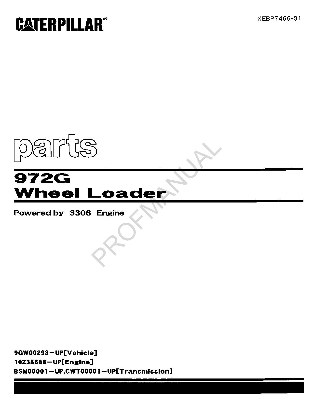 Caterpillar Cat 972G Wheel Loader Parts Catalog Manual XEBP7466