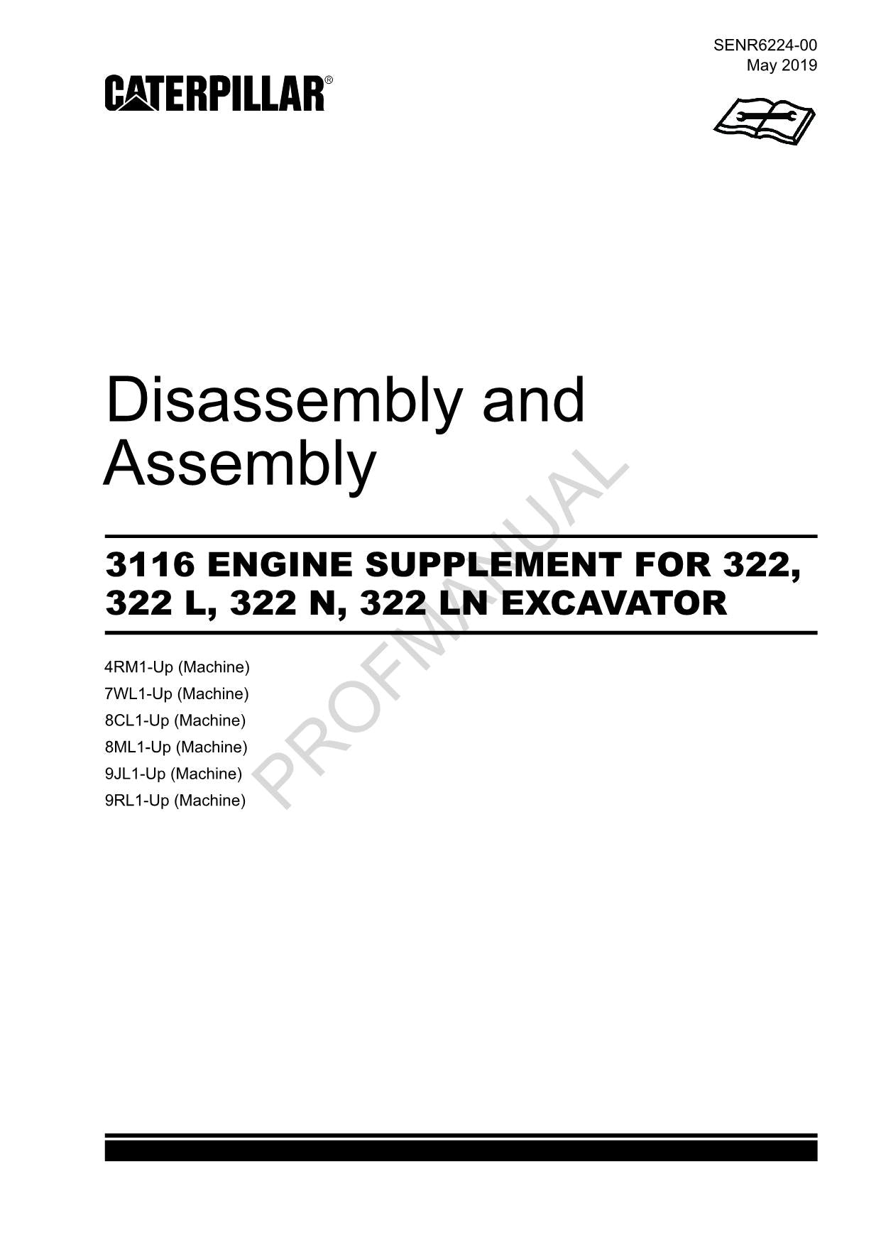 Caterpillar 3116 ENGINE SUPPL 322 322 L 322 N 322 LN EXCAVATOR Disassembly Assem