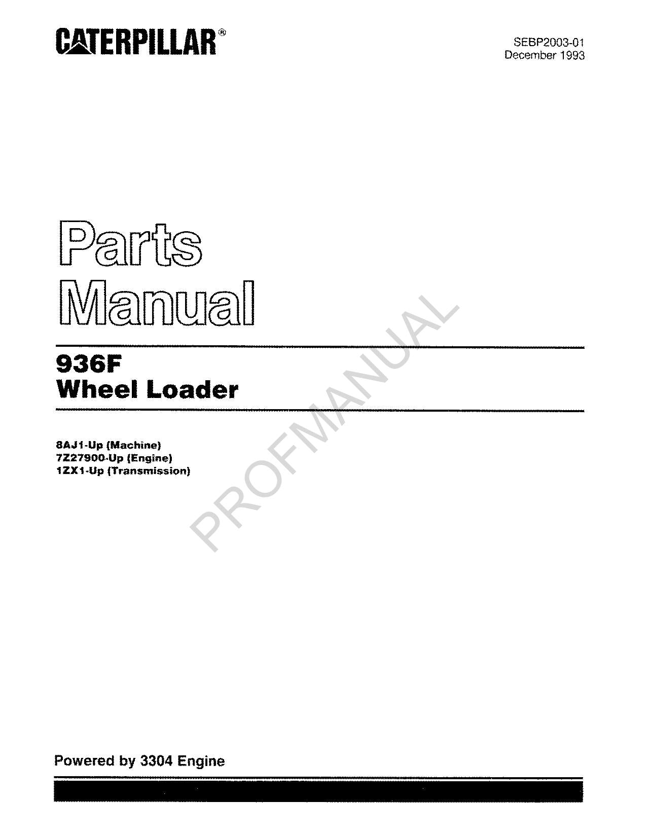 Caterpillar Cat 936F Wheel Loader Parts Catalog Manual SEBP2003