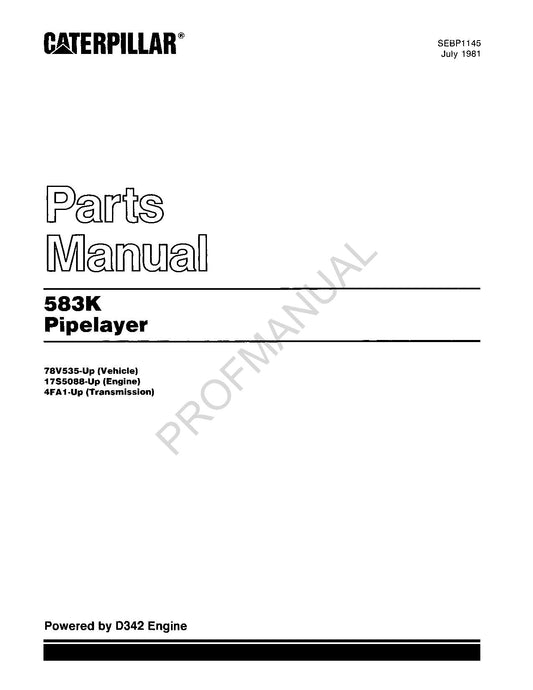 Catalogue de pièces détachées pour poseur de canalisations Caterpillar 583K, manuel, série 4FA1Up, 78V535Up, 17S5088Up