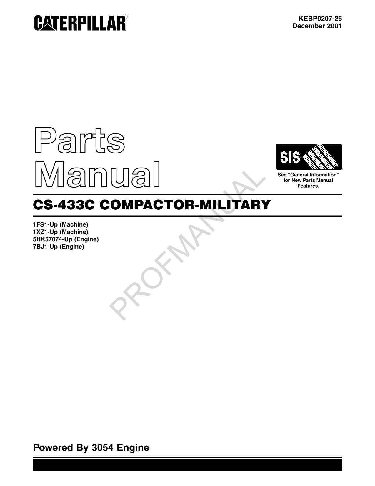 Caterpillar Cat CS 433C Compactor Military Parts Catalog Manual