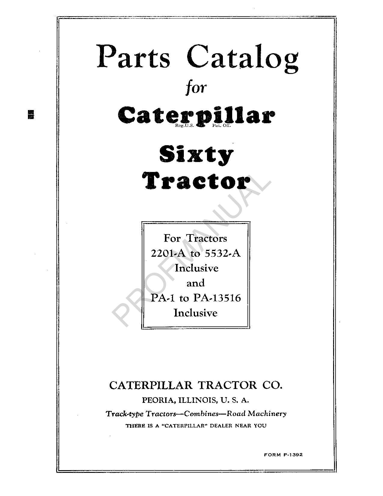 Caterpillar Sixty Tractor Parts Catalog Manual ser PA-1-PA-13516 2201-A-5532-A