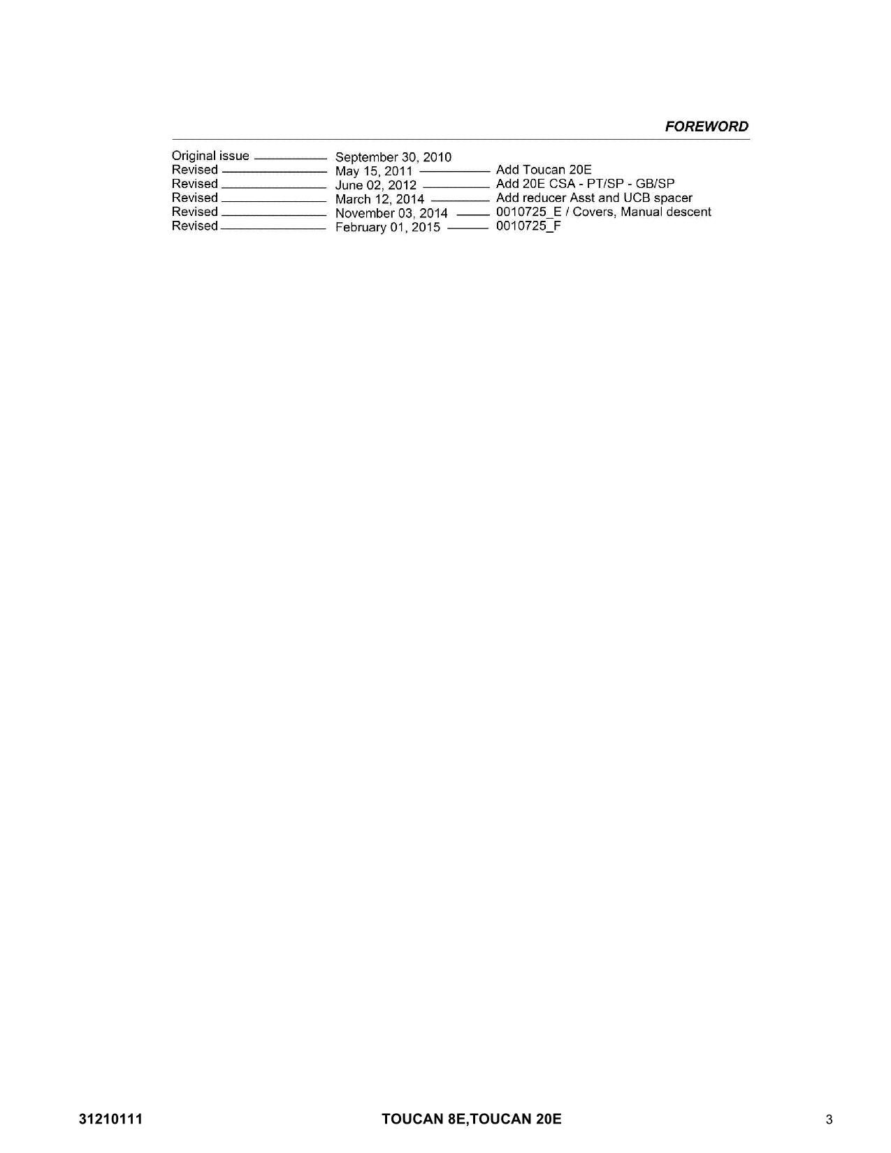 TOUCAN 20E 8E Vertical Lift Parts Catalog Manual 31210111 Multi language