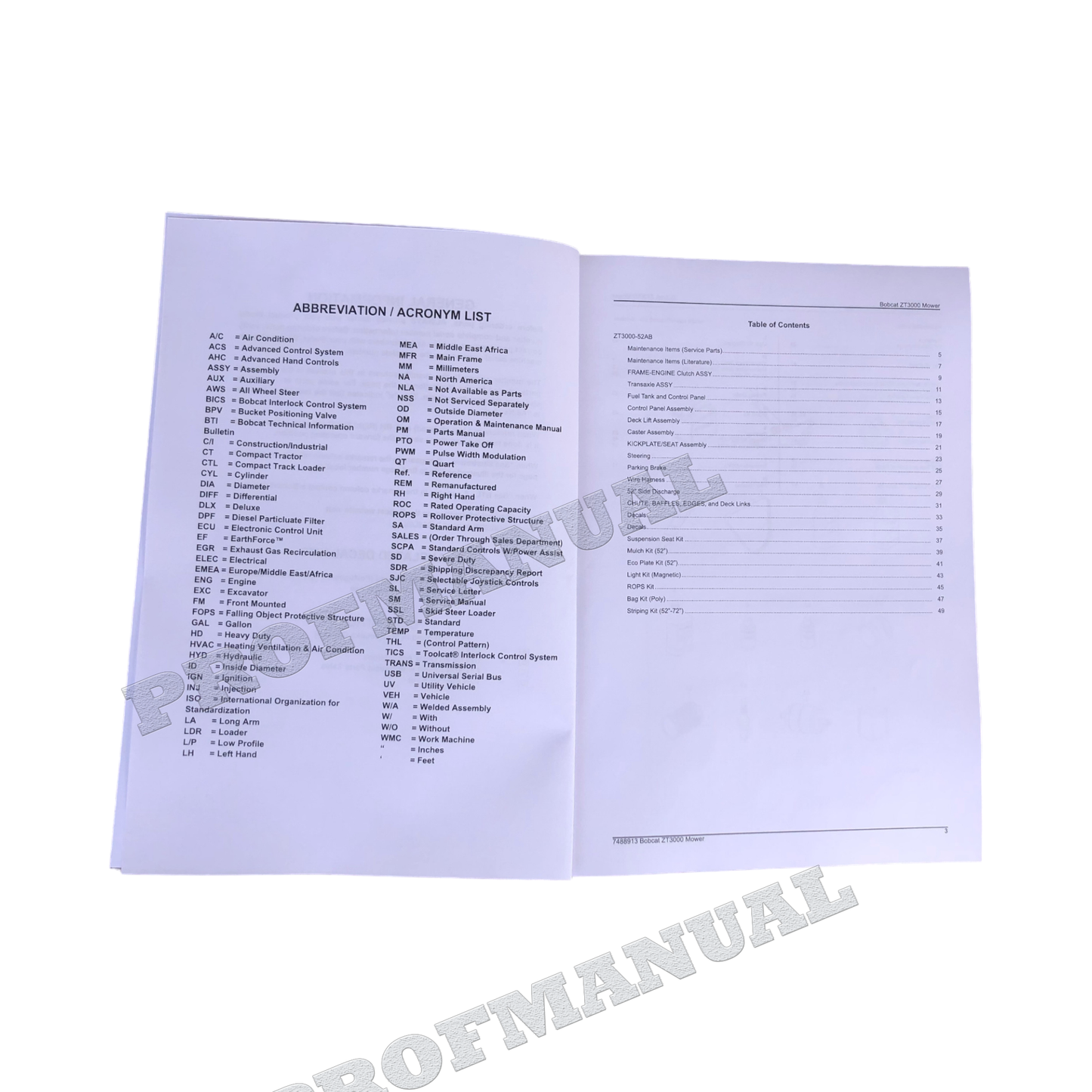 Bobcat ZT3000 Turf Mower Parts Catalog Manual 999300201627-