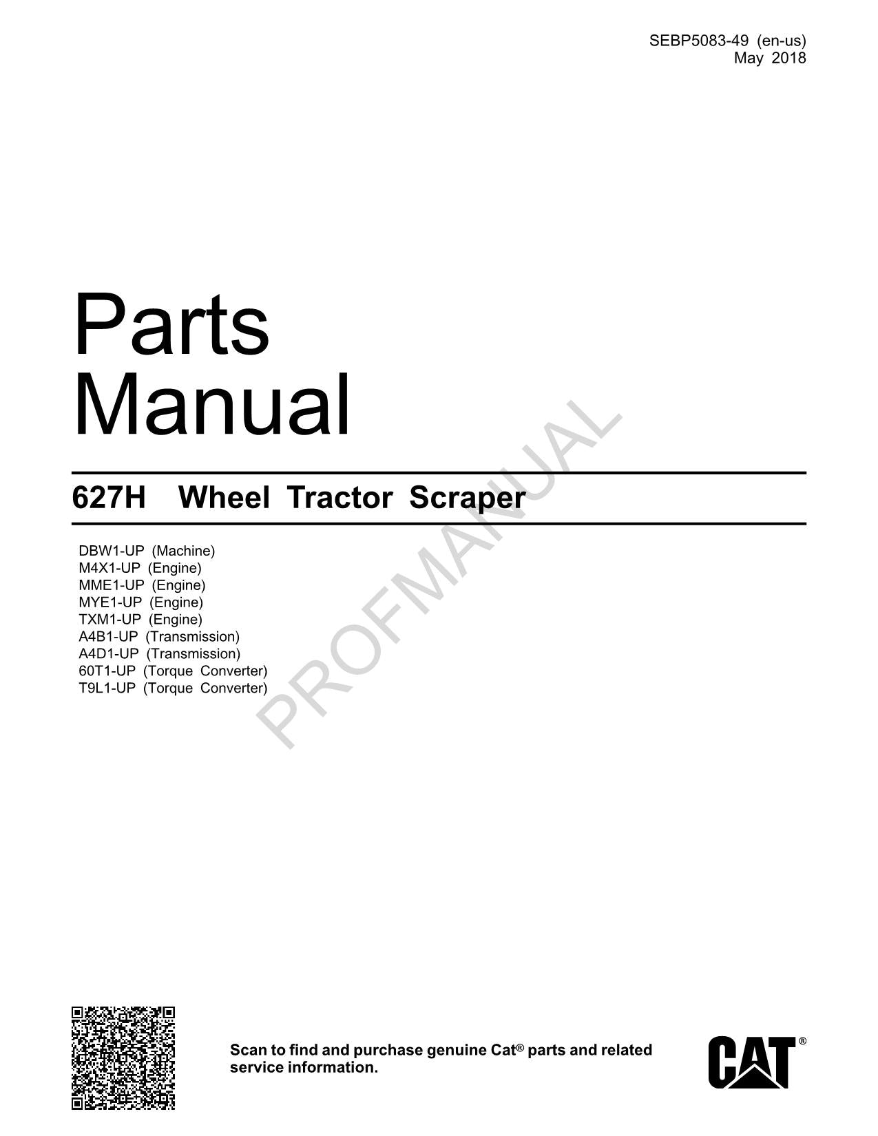 Caterpillar Cat 627H Wheel Tractor Scraper Parts Catalog Manual