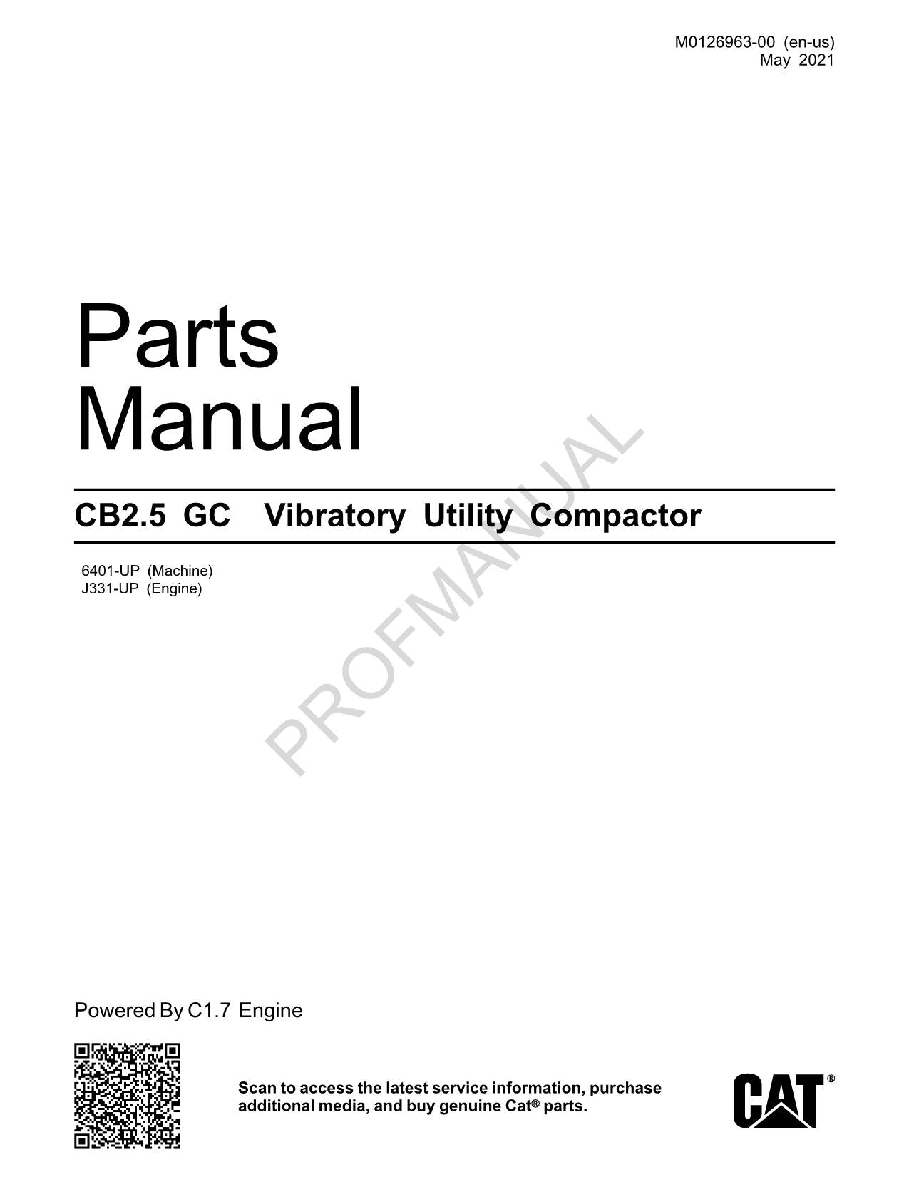 Caterpillar CB2.5 GC Vibratory Utility Compactor Parts Catalog Manual M0126963