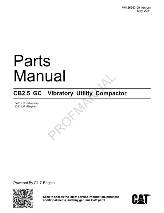 Caterpillar CB2.5 GC Vibratory Utility Compactor Parts Catalog Manual M0126963