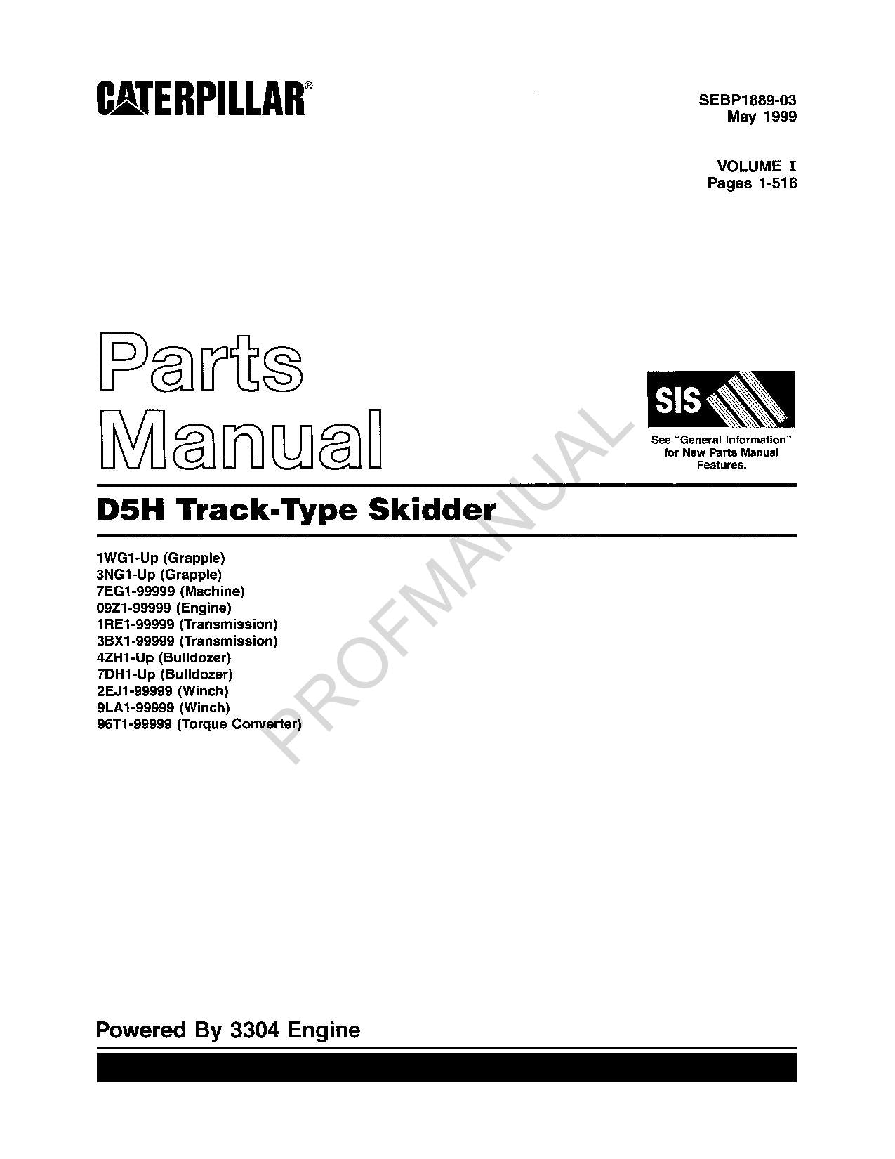 Caterpillar Cat D5H Track Type Skidder Parts Catalog Manual SEBP1889