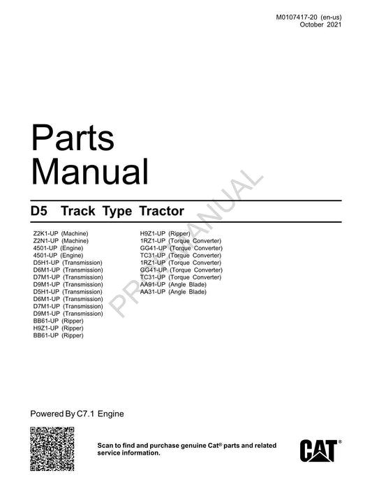 Caterpillar Cat D5 Track Type Tractor Parts Catalog Manual M0107417