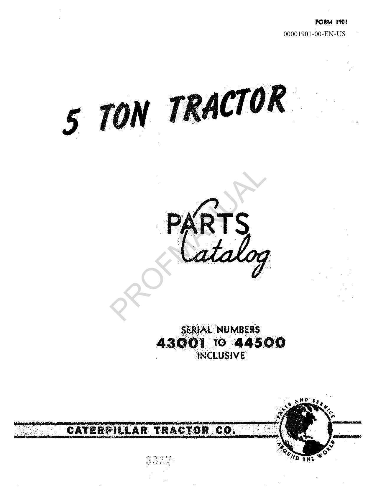 Caterpillar Cat 5 Ton Tractor 1950 Parts Catalog Manual ser 43001-44500