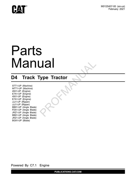 Caterpillar Cat  D4 Track Type Tractor Parts Catalog Manual M0125407