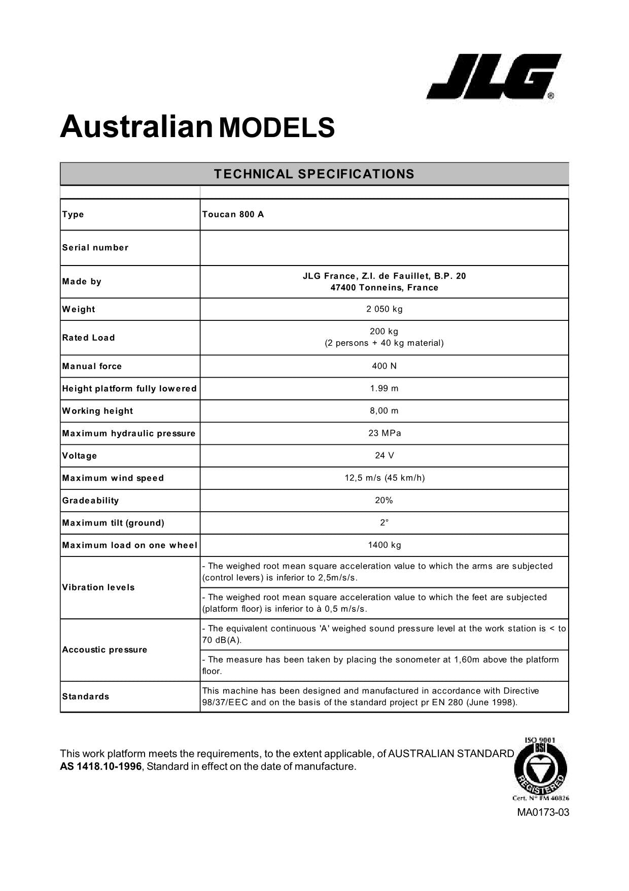 TOUCAN 800 Vertical Lift Maintenance Operation Operators Manual