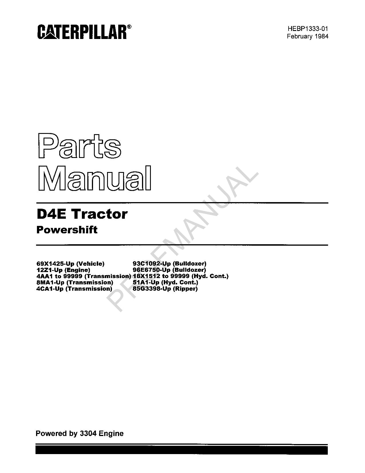 Caterpillar Cat D4E Tractor Powershift Parts Catalog Manual HEBP1333