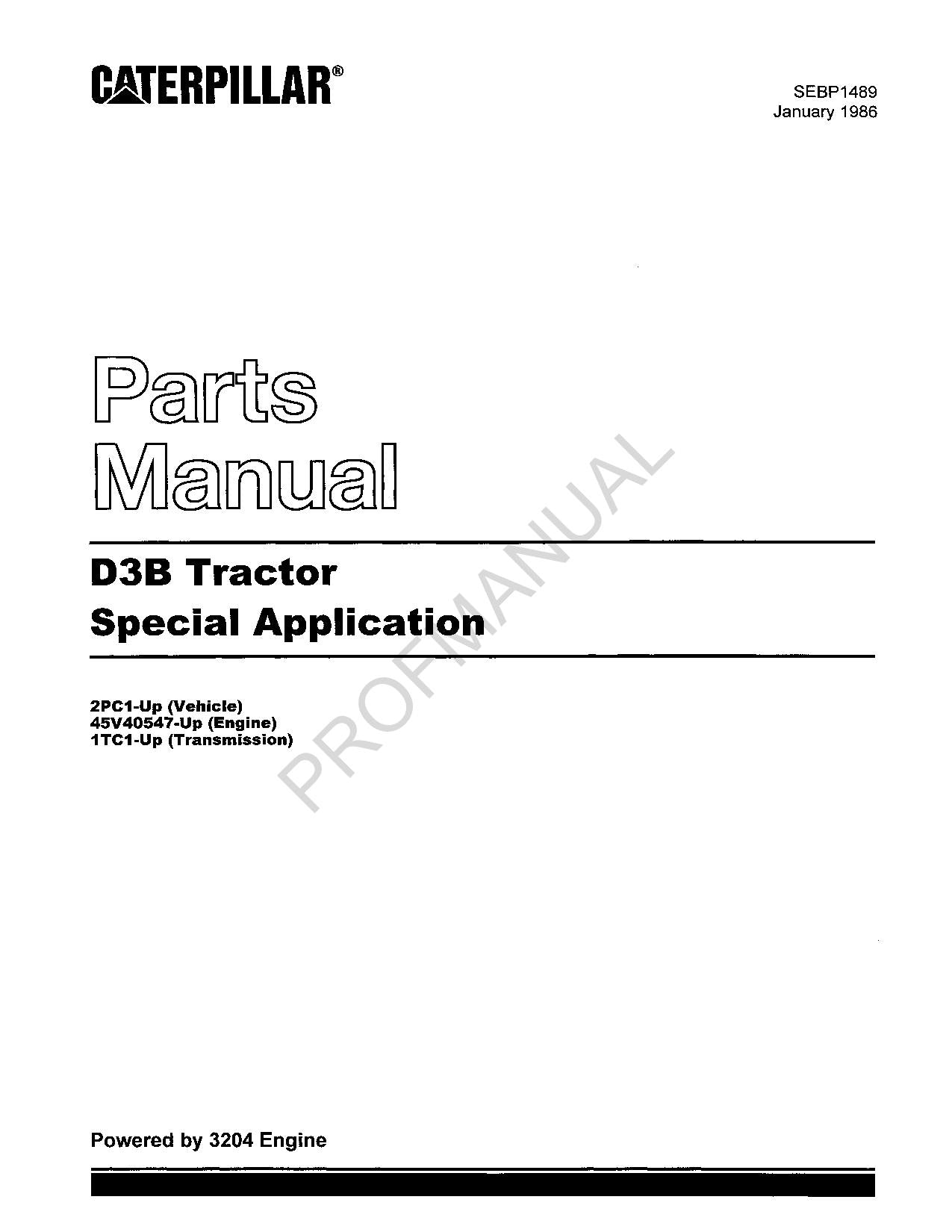 Manuel du catalogue des pièces pour applications spéciales du tracteur Caterpillar Cat D3B SEBP1489