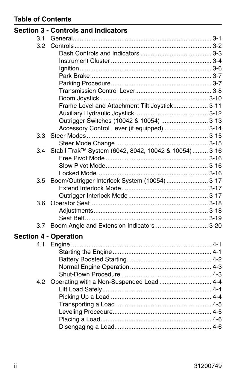 SKYTRAK 10042 10054 6036 6042 8042 Telehandler Operators Manual 31200749