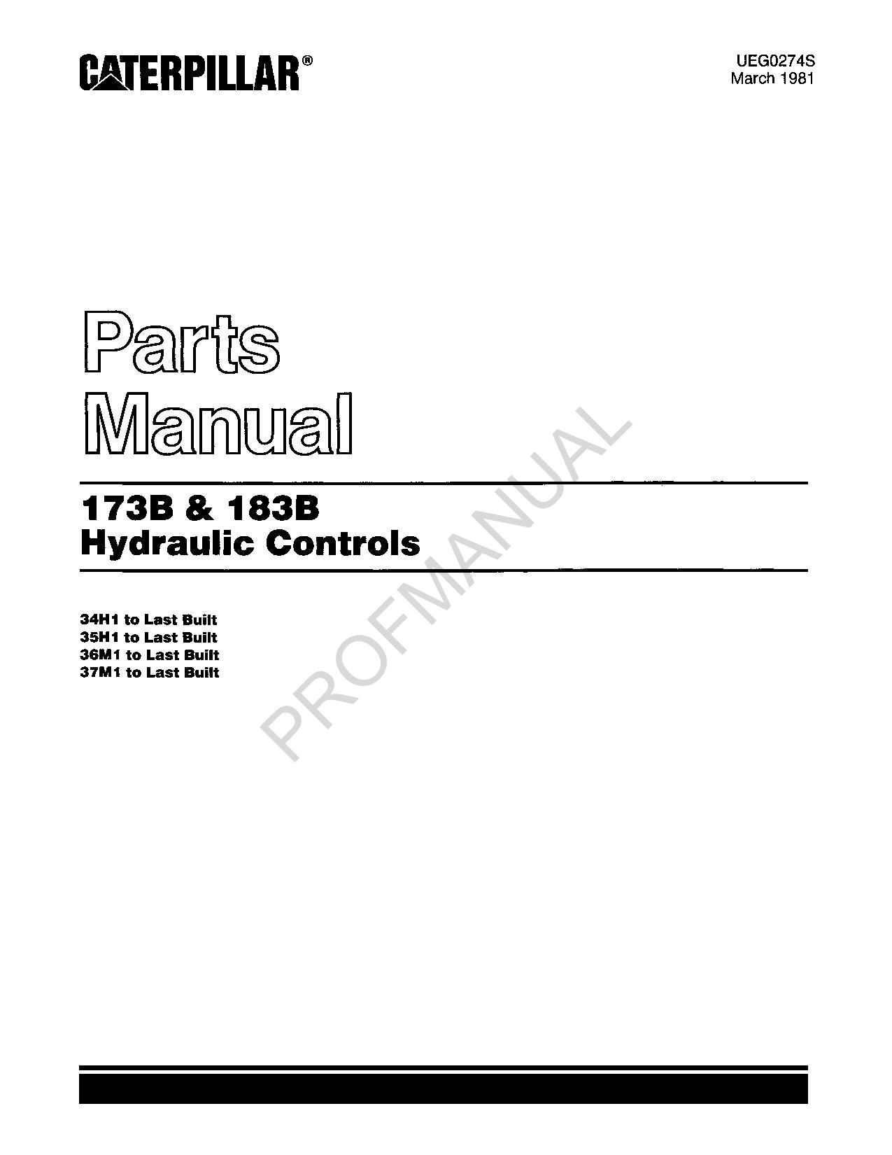 Caterpillar Cat 173B 183B Hydraulic Controls Parts Catalog Manual UEG0274S