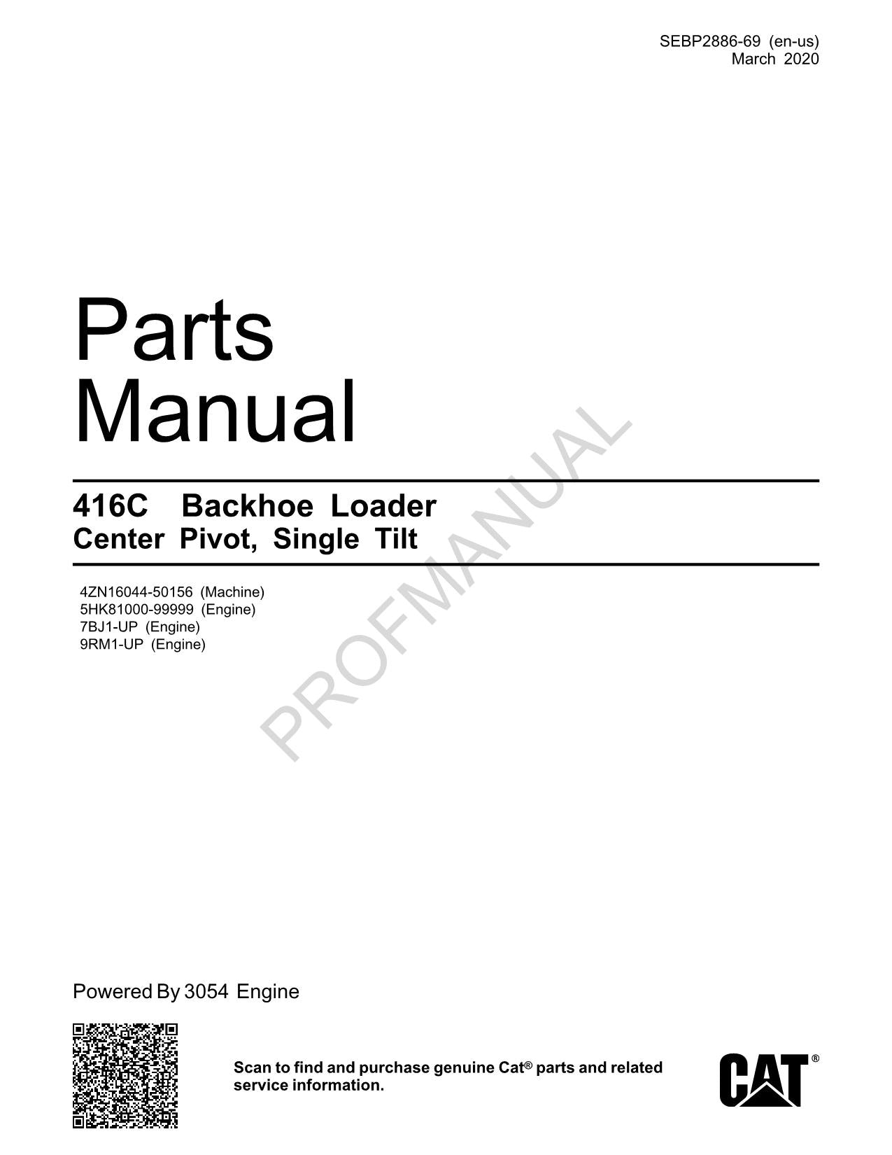 Caterpillar Cat 416C Backhoe Loader Parts Catalog Manual SEBP2886