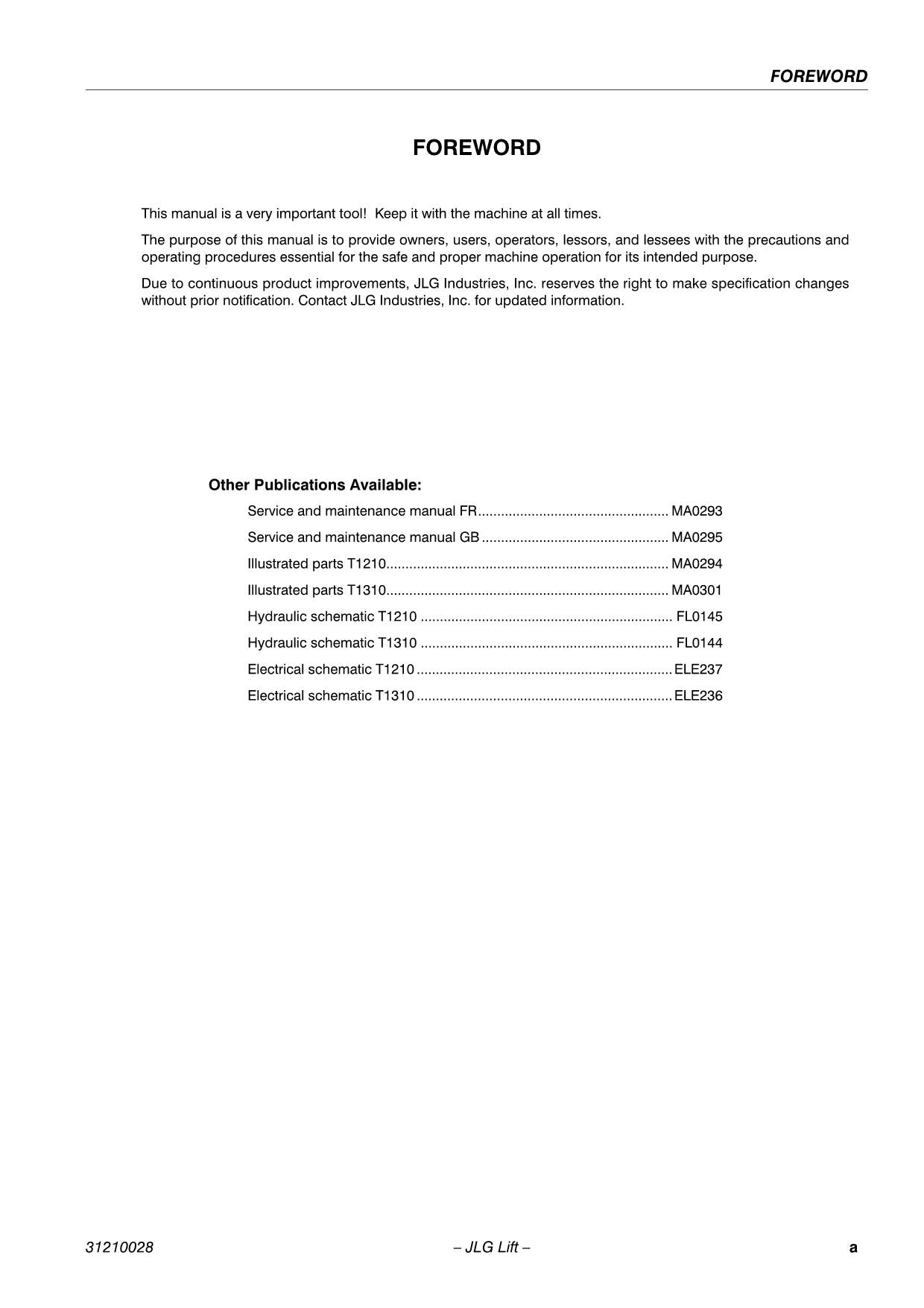 TOUCAN 1210 1310 Vertical Lift Maintenance Operation Operators Manual