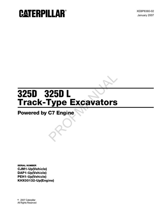 Caterpillar Cat 325D 325DL Track Type Excavator Parts Catalog Manual