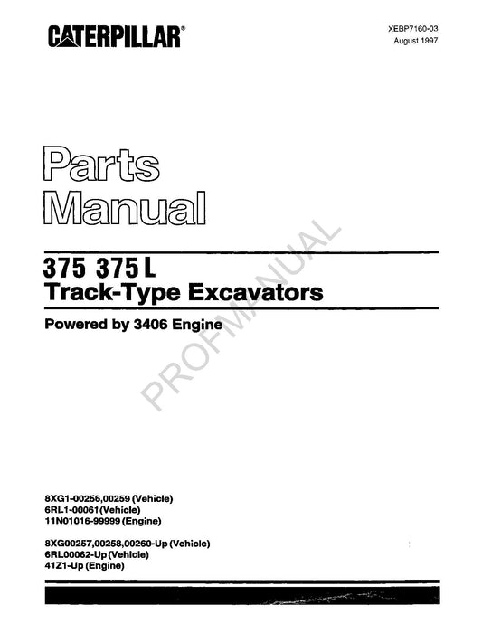 Caterpillar Cat 375 375L Track Type Excavator Parts Catalog Manual XEBP7160