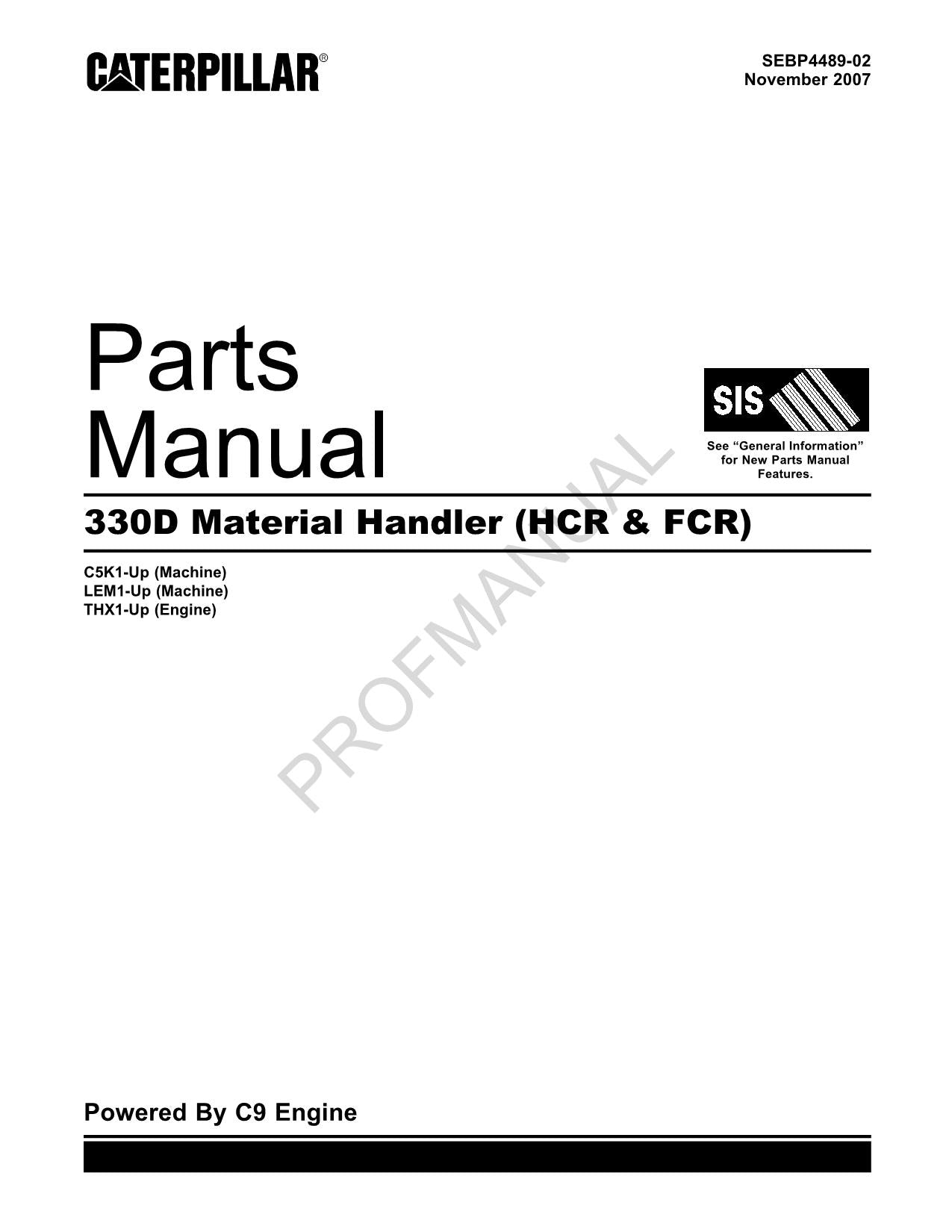 Caterpillar Cat 330D Material Handler HCR FCR Parts Catalog Manual