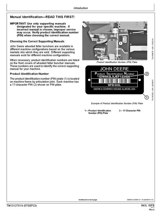 JOHN DEERE 843L WHEELED FELLER BUNCHER OPERATION TEST TECHNICAL MANUAL