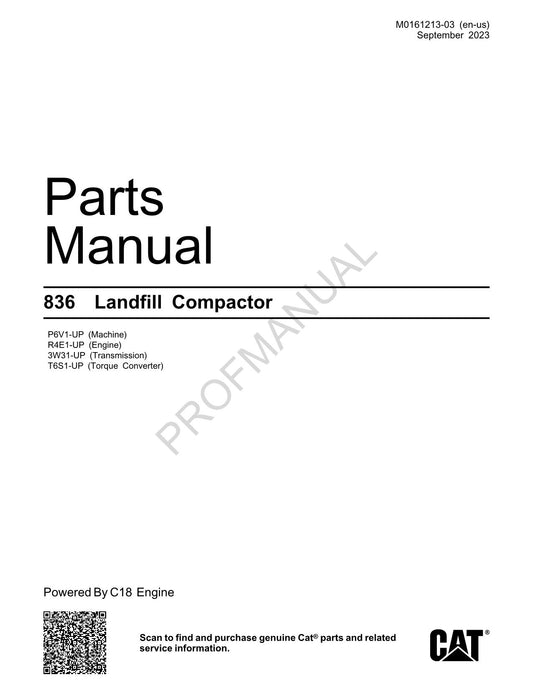 Caterpillar Cat 836 Landfill Compactor Parts Catalog Manual M0161213