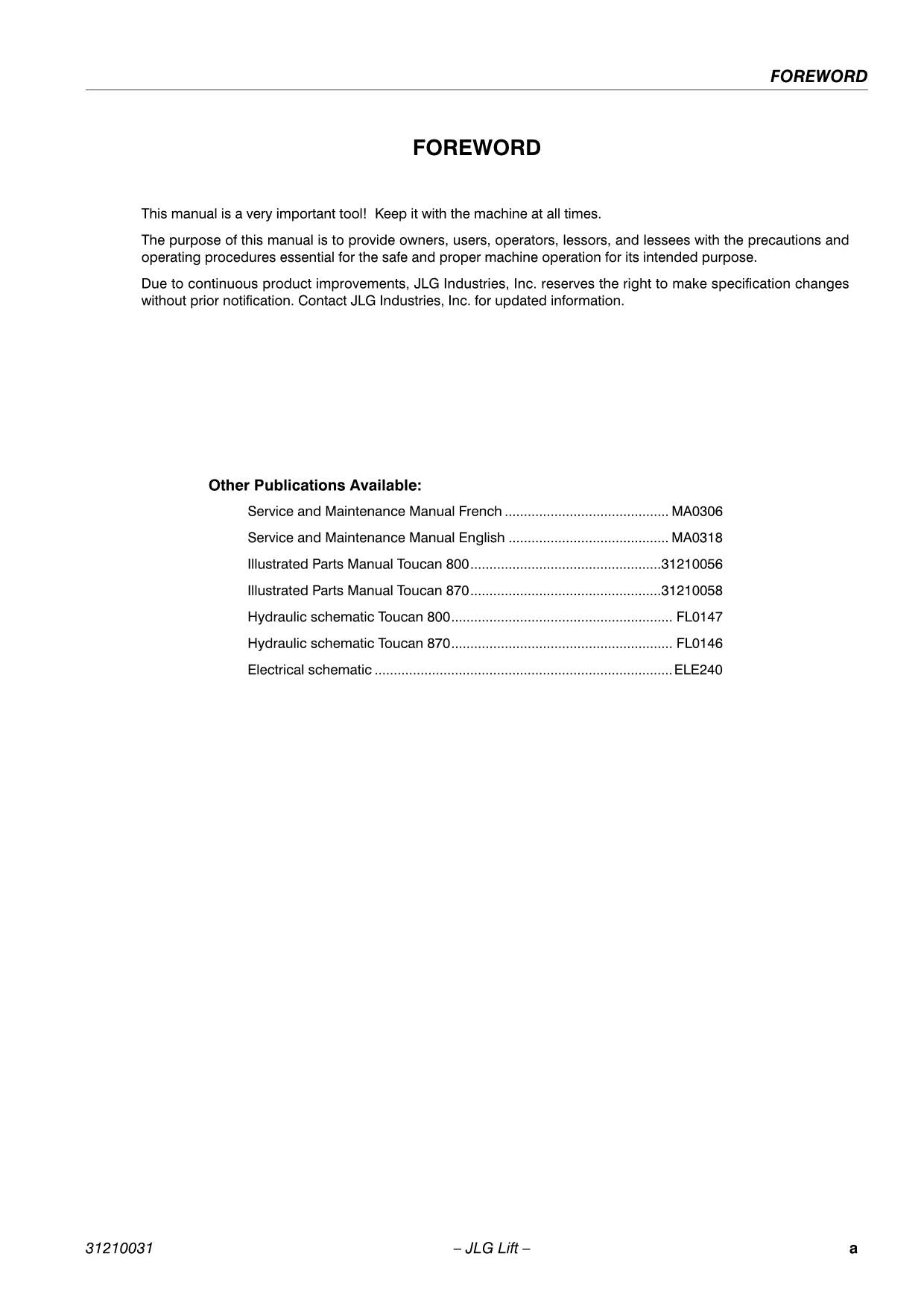 TOUCAN 800 870 Vertical Lift Maintenance Operation Operators Manual