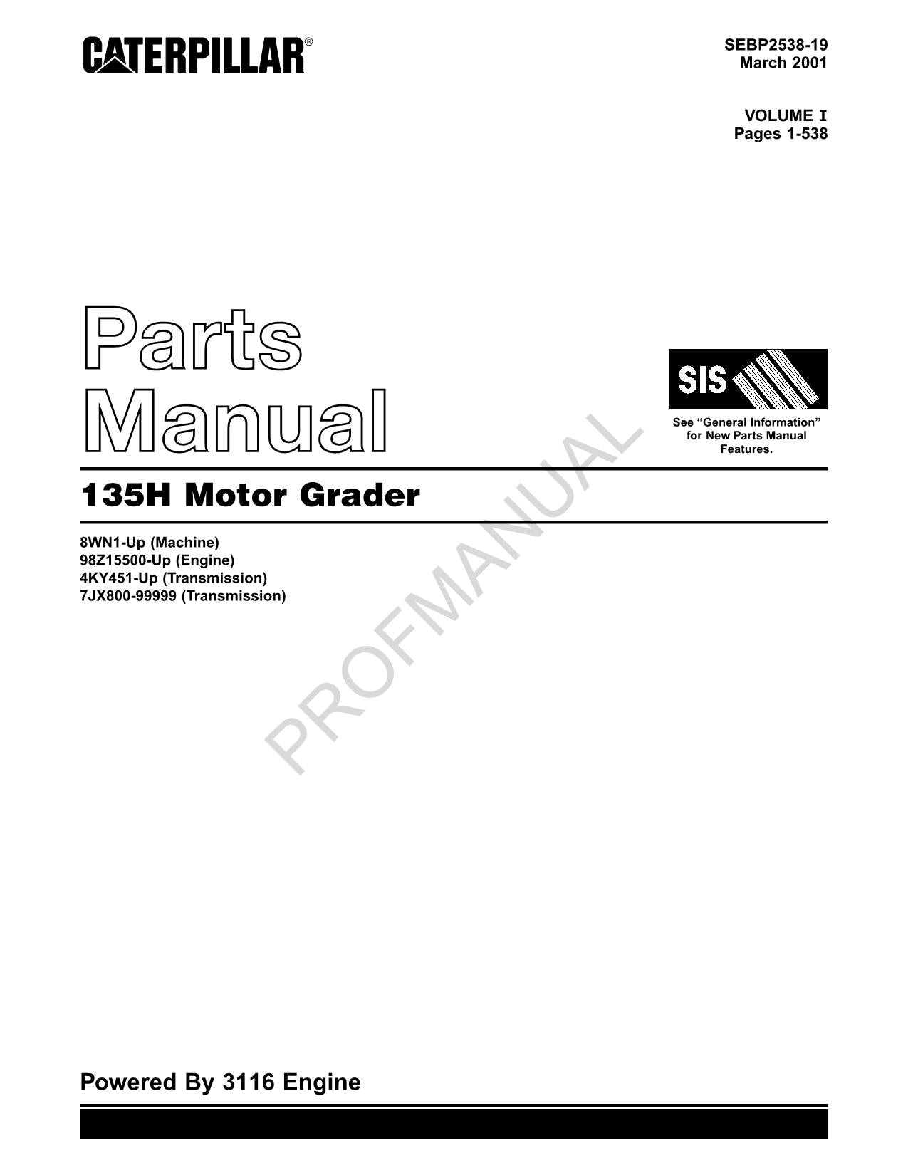 Caterpillar Cat 135H Motor Grader Parts Catalog Manual SEBP2538