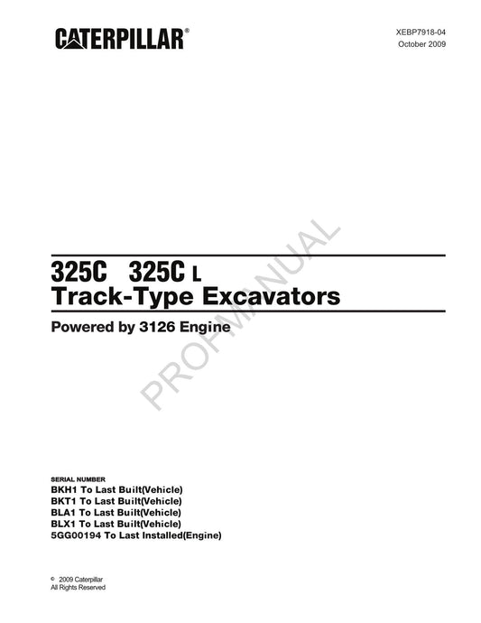 Caterpillar Cat 325C 325C L Track Type Excavator Parts Catalog Manual