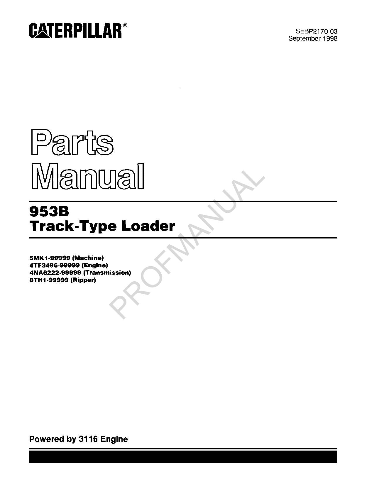 Caterpillar Cat 953B Track Type Loader Parts Catalog Manual