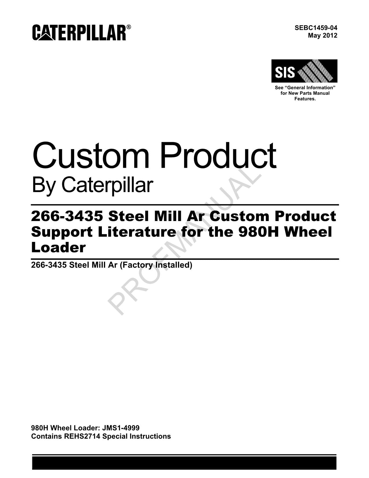 Caterpillar Cat 266 3435 Steel Mill Ar 980H Wheel Loader Parts Catalog Manual