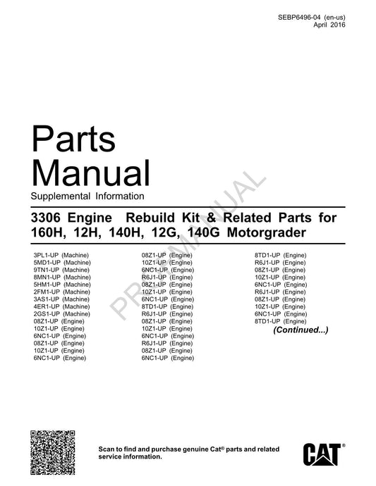 Caterpillar 3306 Engine 160H 12H 140H 12G 140G Motor Grader Parts Catalog Manual