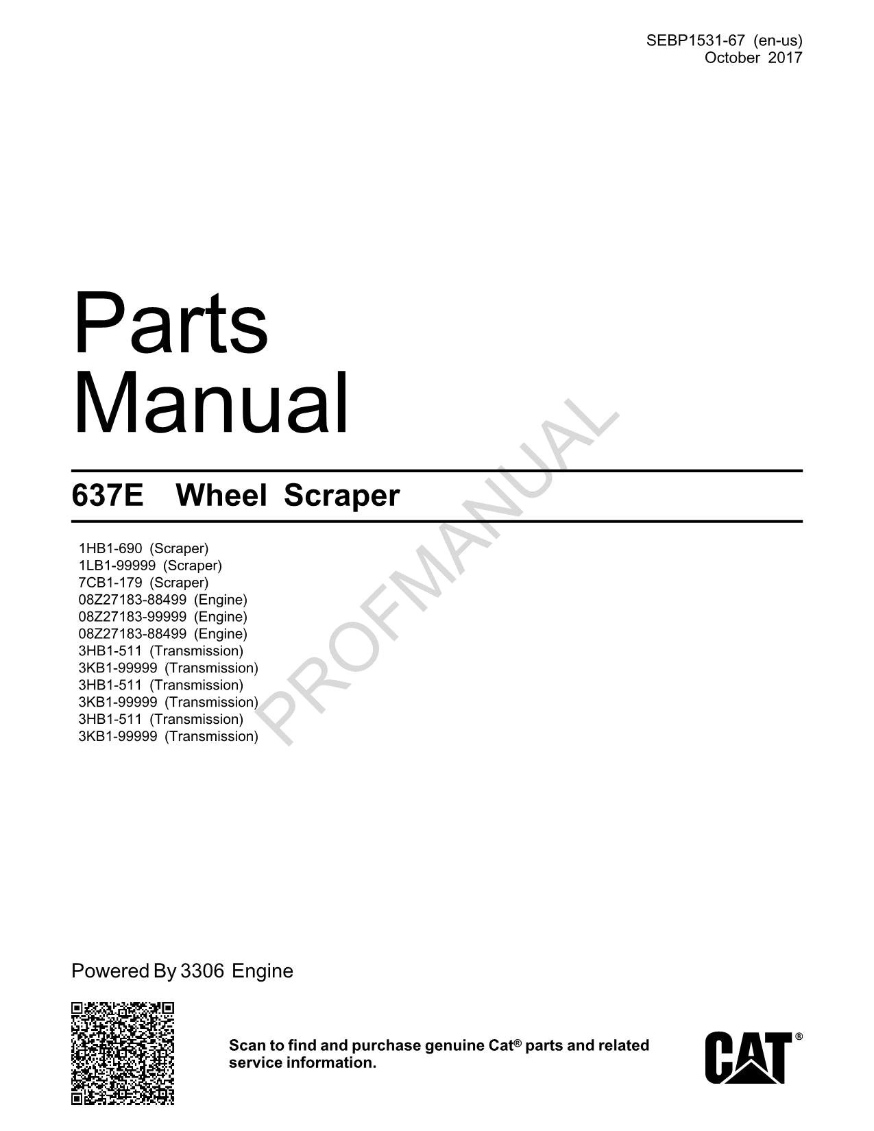 Caterpillar Cat 637E Wheel Tractor Scraper Parts Catalog Manual