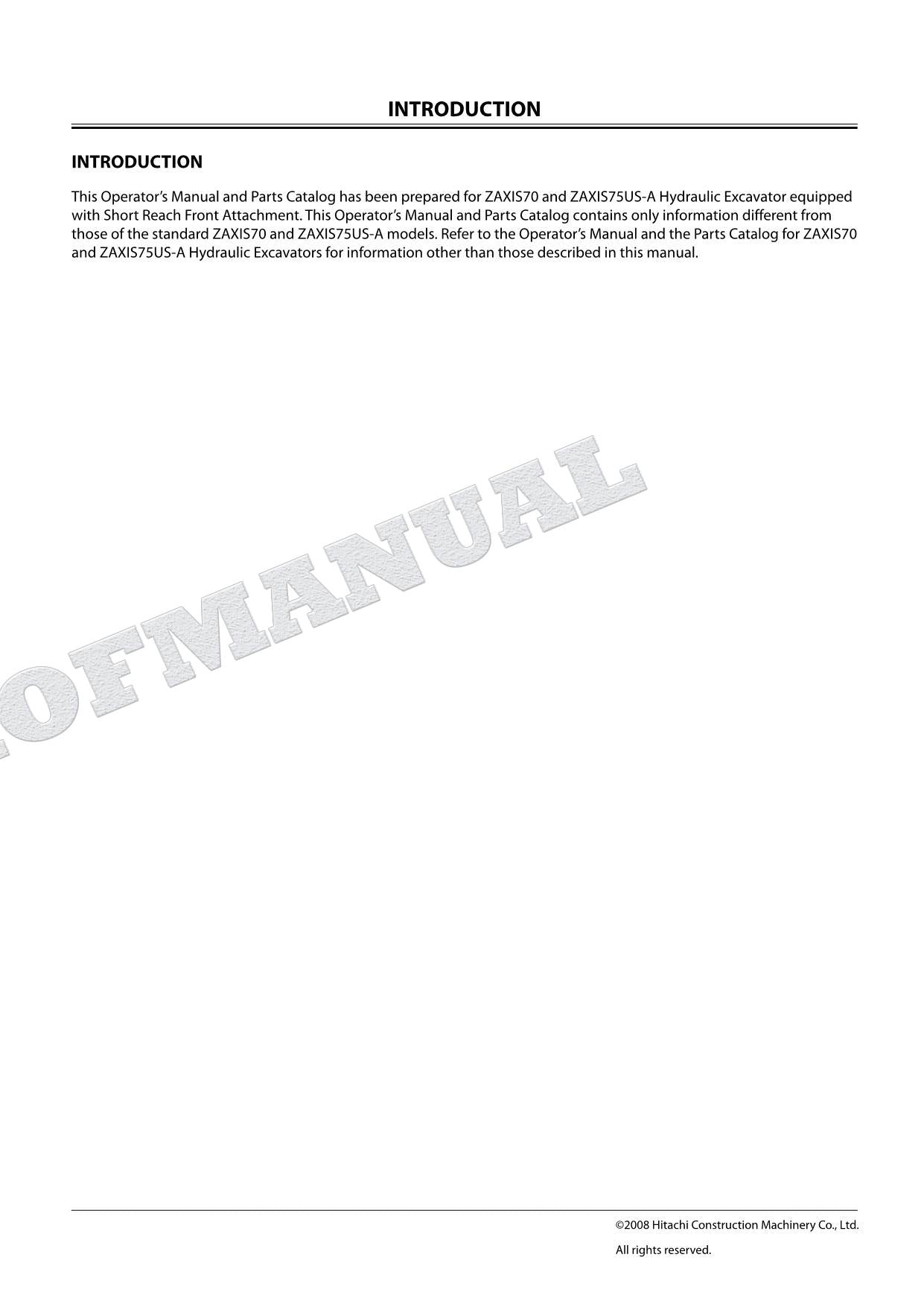 HITACHI ZX70 ZX75US-A SHORT REACH FRONT ATTACH Excavator Parts Catalog Manual